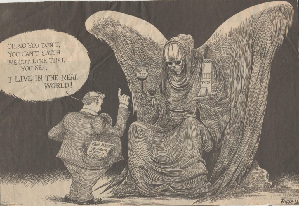 A cartoon of a fat arms dealer lecturing death on his throne. THe arms dealer is saying, "Oh no! You don't get me like that. You see, I live in the real world."