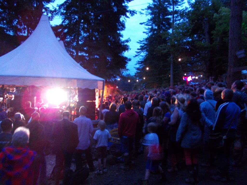 A crowd surrounds a brightly lit marquee in woods at dusk.