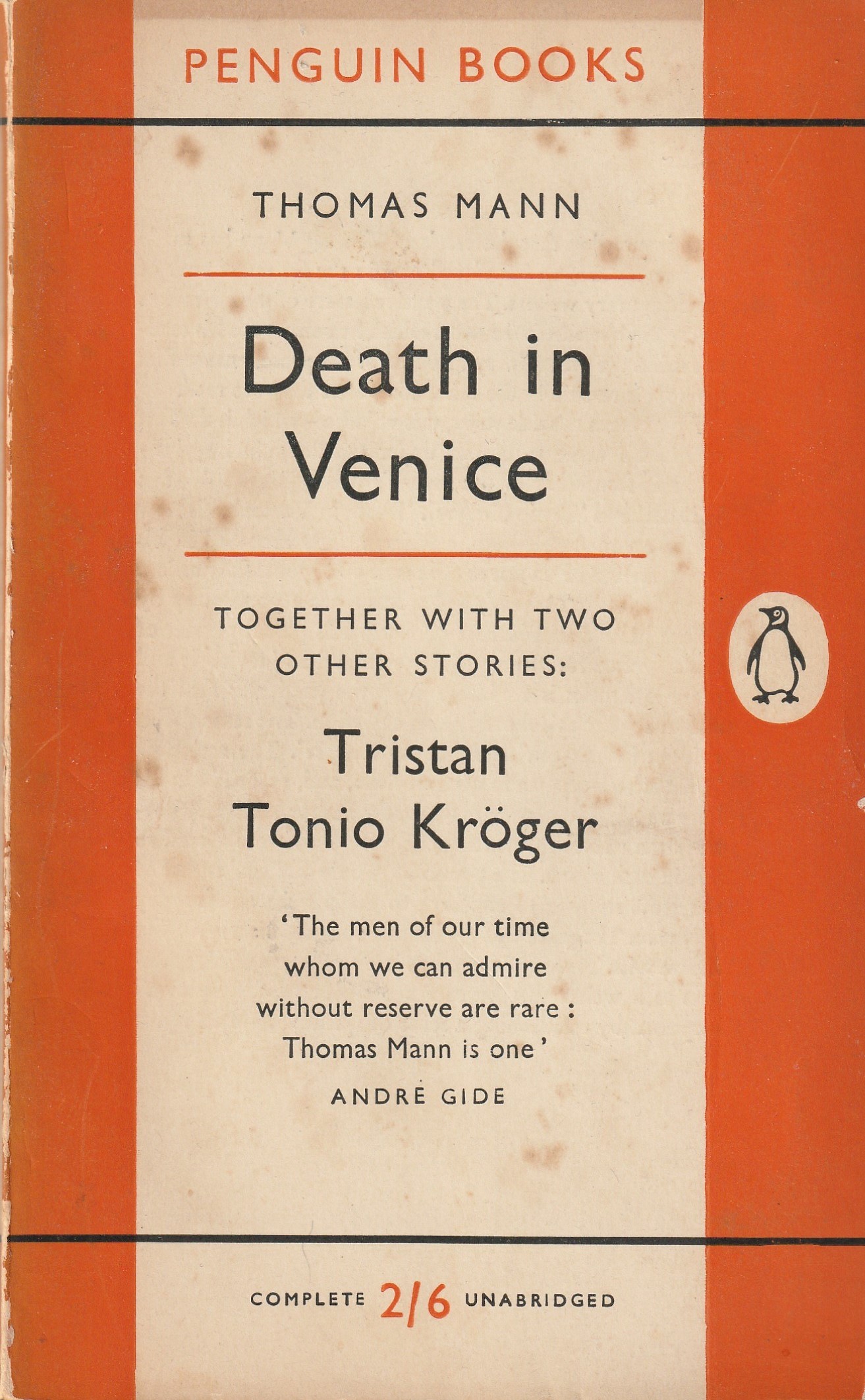 A book cover: Death in Venice, by Thomas Mann, in an early Penguin edition.