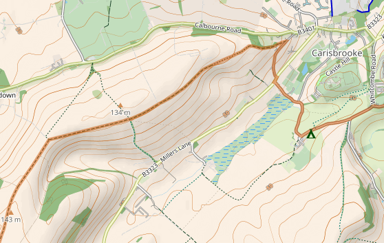 Map showing a bridle path going west from Carisbrooke
