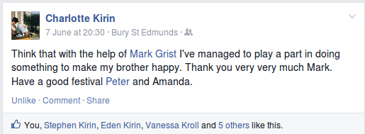 Facebook post by Charlotte Kirin saying tank you to Mark Grist for making her brother happy.