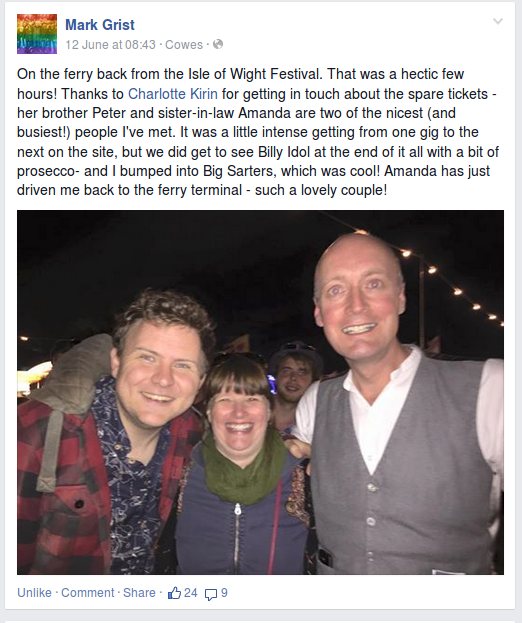 Facebook post of three happy people in front of bright lights at night.
