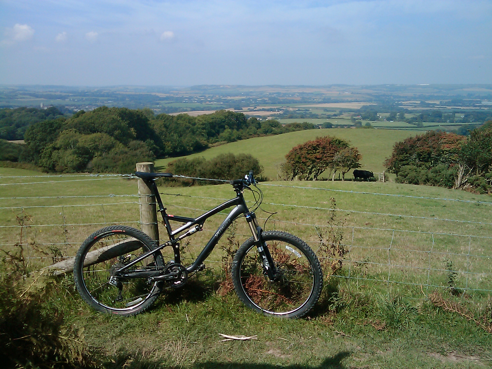 A smart-looking mountain bike, leant against a barbed-wire fence at the top of a hill, on a summer day.