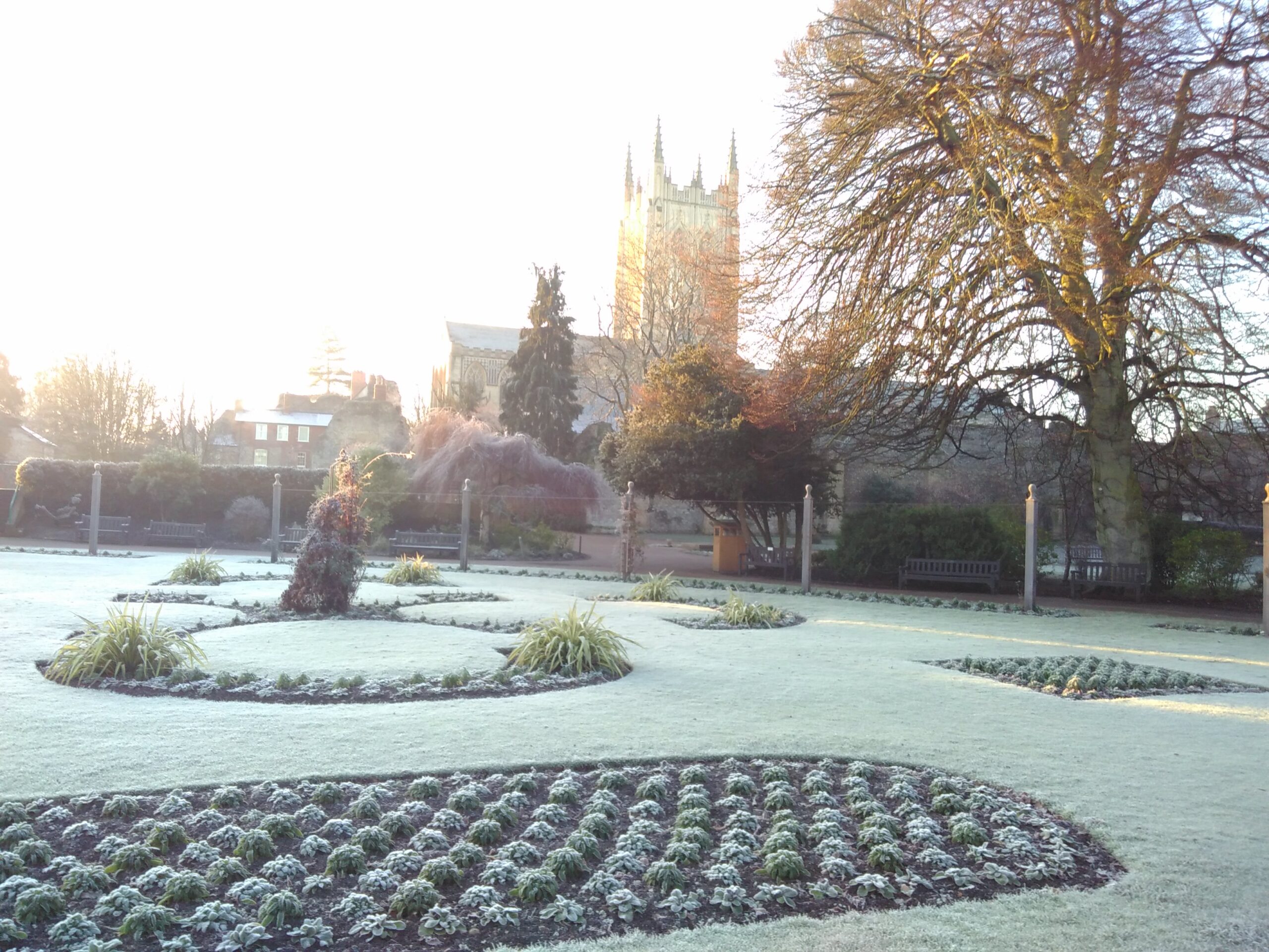 Bright winter sun highlights a cathedral tower with frost-covered park lawns and ornamental beds in the foreground.