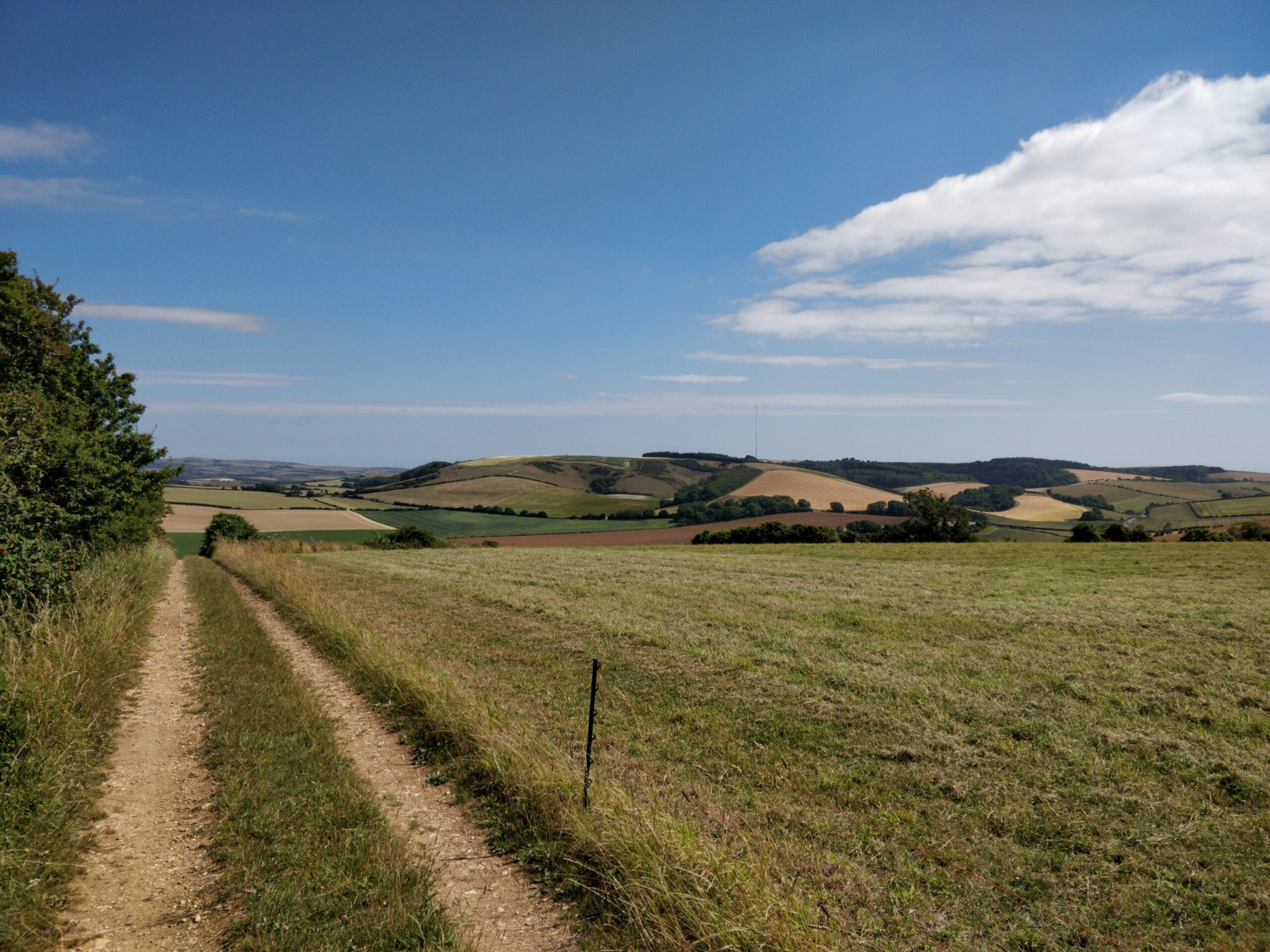 A view along a track looking over the edge of a high field, across a valley to more hills.