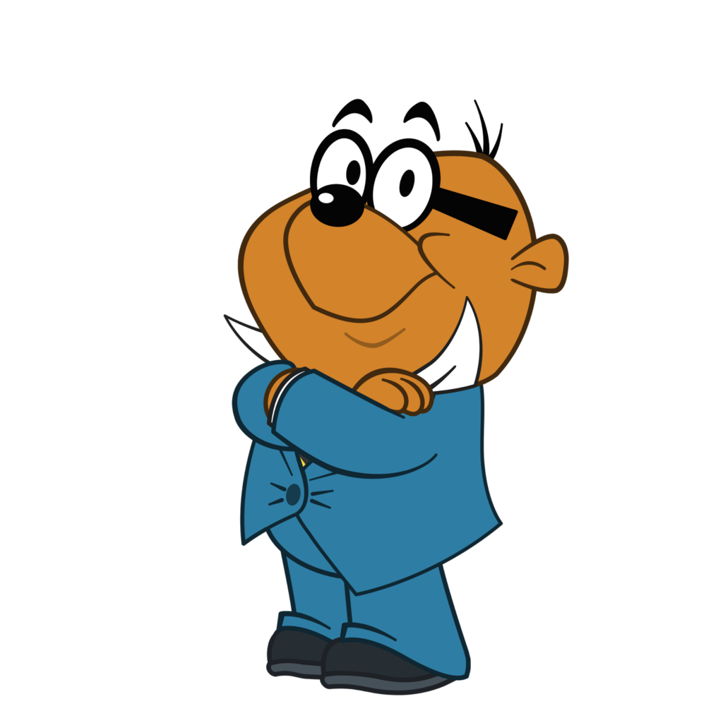 A cartoon mouse in a suit, wearing glasses.