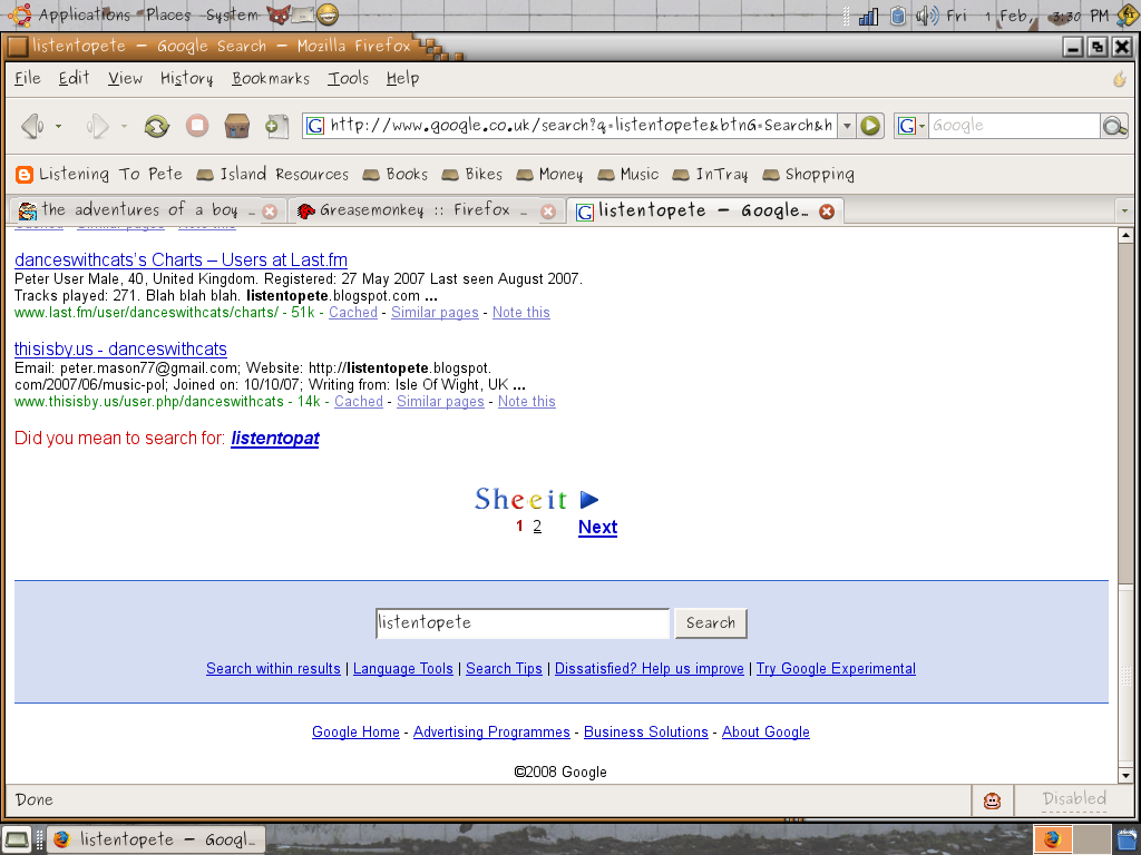 A Google search page on an old version of Firefox, on an early version of Ubuntu operating system.