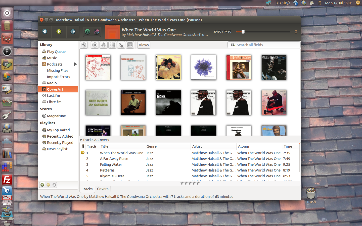 A screenshot of a version of Ubuntu with an applications menu running down the left side of the screen and a music player window open, displaying jazz album covers.