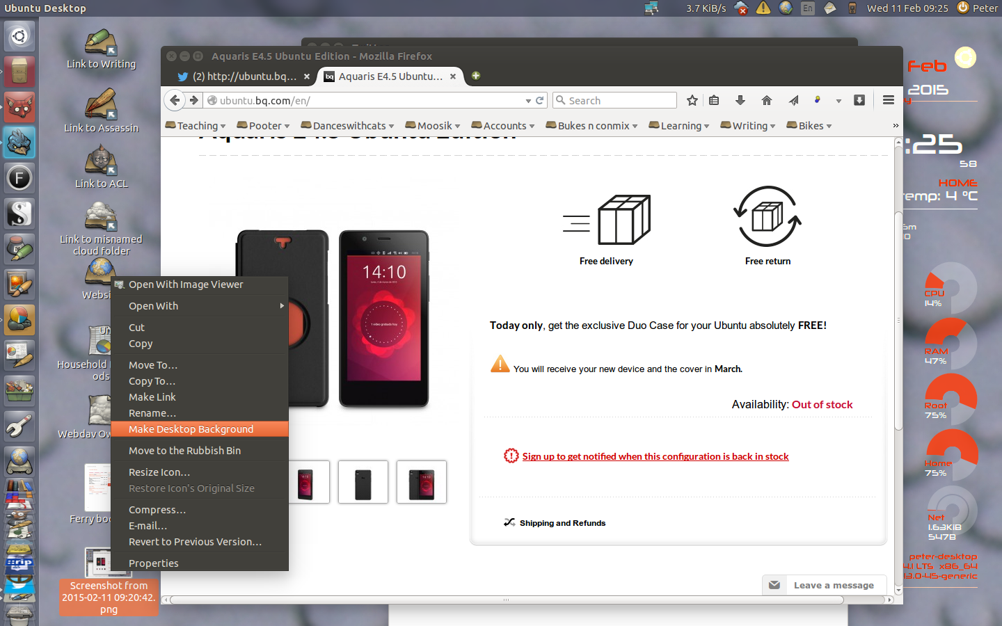 Another screenshot of Ubuntu with the left hand side applications menu, with a browser window open, showing a page advertising the Ubuntu phone.