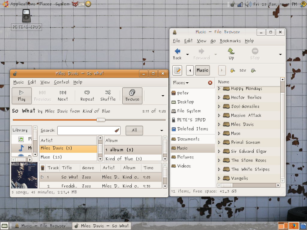 A screenshot of an early version of the Ubuntu operating system, with a music player and a folder open.
