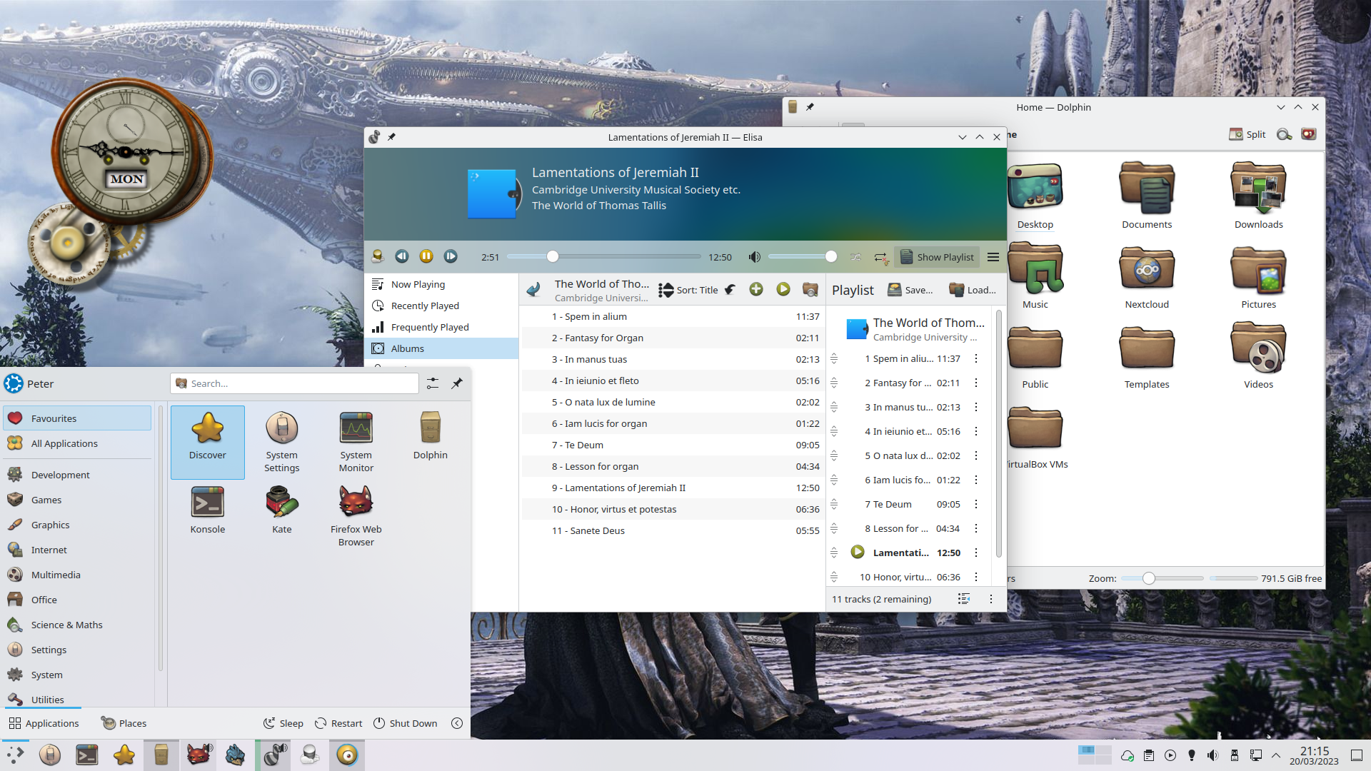 A screenshot of a computer desktop with a science-fiction background, the settings menu, a media player and a folder window open, and an ornate desktop clock desktop widget.