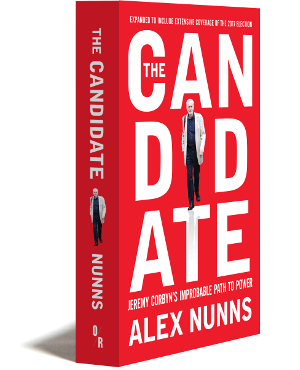 A red book cover, with a figure of Jeremy Corbyn standing as the "I" in the word "candidate".