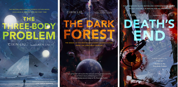 Three book covers, entitled The Three Body Problem, The Dark Forest and Death's End