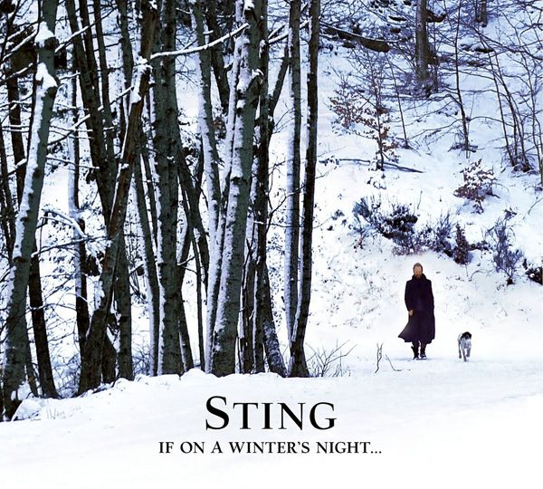 An album cover showing a man in a long dark coat walking with a spaniel through a woodland snow-scene.