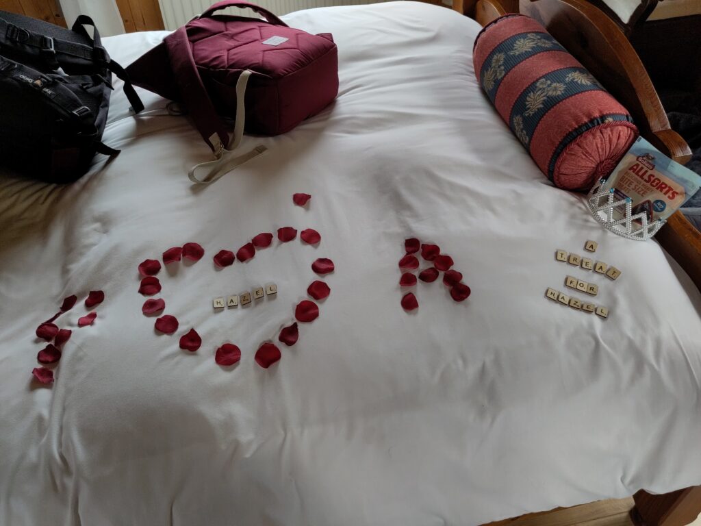 Red petals spell out P heart A and scrabble tiles spell out "A treat for Hazel". A bag of dog treats sits in a plastic tiara.