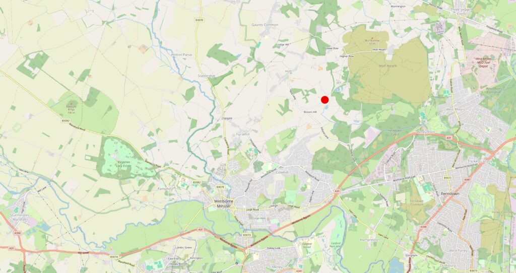 A map showing Winborne Minster and its northern surrounds, including Martha's Retreat's approximate position indicated by a red dot.